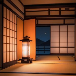 月明かりと行灯が照らす縁側のある和室、幻想的な夜の風景 Dreamy nighttime view of a Japanese room with veranda lit by andon and moonlight