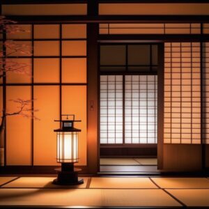 行灯の温かな灯りが畳と障子に柔らかく反射する、落ち着いた和の空間 Calm Japanese room with warm andon light reflecting on tatami and shoji