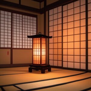 角に置かれた行灯が和室を優しく照らす、夜の静けさを感じる情景 Quiet nighttime scene with a floor-standing andon gently lighting the corner of a Japanese room