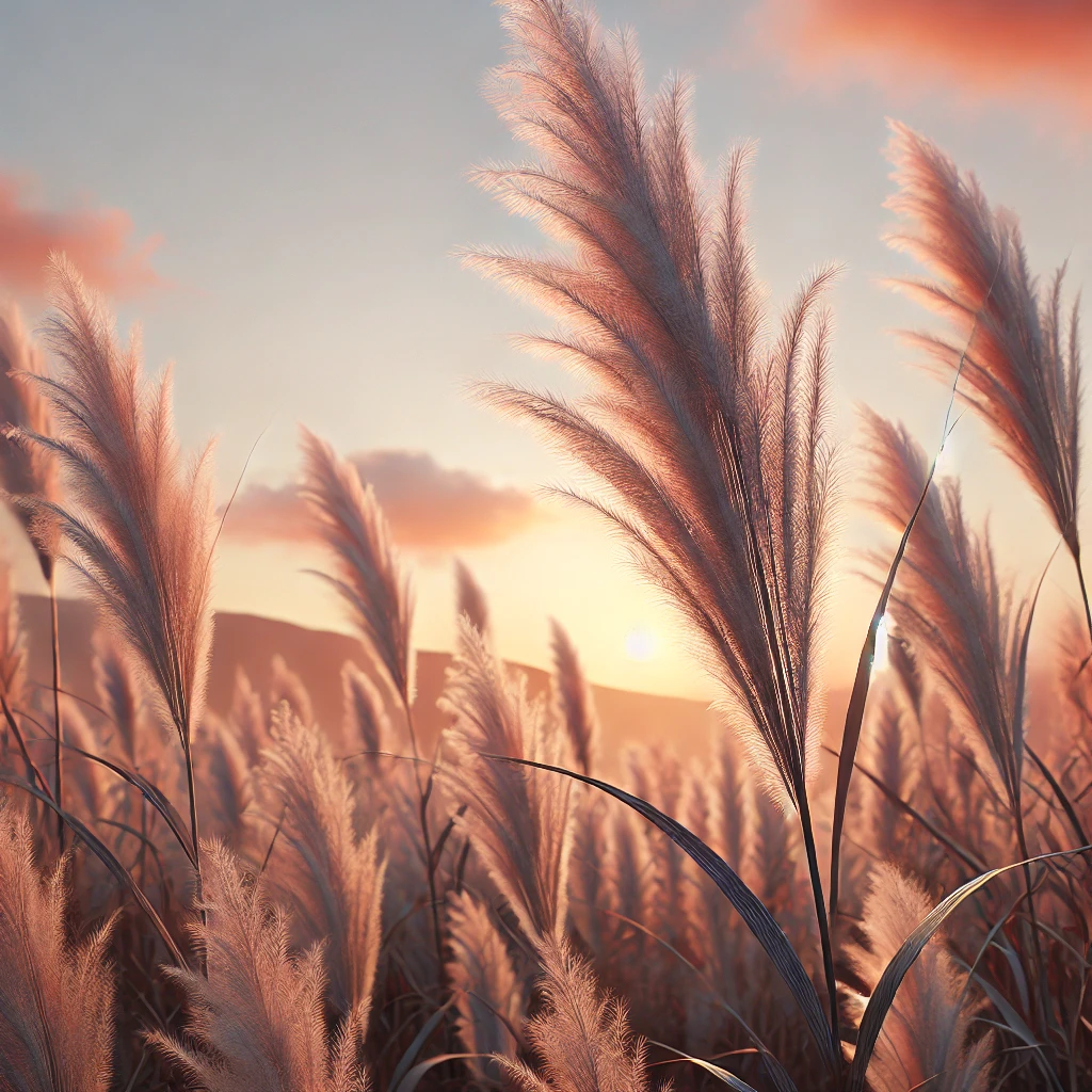 夕暮れの空に揺れる幻想的なすすきの穂 Dreamy pampas grass swaying in the sunset sky