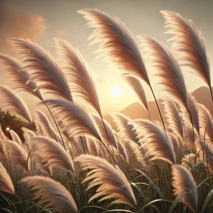 夕陽を背景に輝く黄金色のすすき畑 Golden pampas grass field glowing in the setting sun