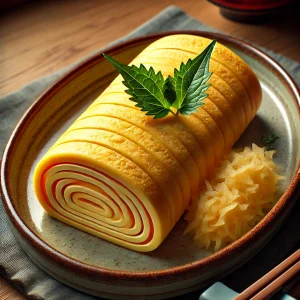 美しく巻かれた黄金色のだし巻き卵に大根おろしと大葉が添えられた上品な和の一皿
Elegant plate of golden Japanese rolled omelette with grated daikon and shiso leaf
