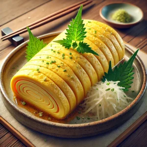 ふわふわのだし巻き卵に薬味と大根おろしが添えられた彩り豊かな和食盛り付け
Colorful Japanese rolled omelette garnished with condiments and grated daikon for a traditional look