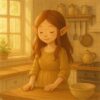やわらかな朝の光が差し込むキッチンで、木のテーブルに手を添えて立つエルフの少女の穏やかな姿 An elf girl standing at a wooden table in a kitchen bathed in soft morning light, looking serene