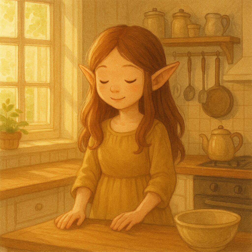 やわらかな朝の光が差し込むキッチンで、木のテーブルに手を添えて立つエルフの少女の穏やかな姿 An elf girl standing at a wooden table in a kitchen bathed in soft morning light, looking serene