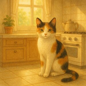やわらかな朝の光が差し込むキッチンに座り、こちらを見上げている三毛猫の穏やかな姿
A calico cat sitting in a sunlit kitchen, looking up peacefully as morning light fills the room