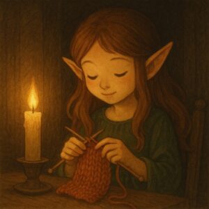 ろうそくの柔らかな灯りの下で、編み物をしながら穏やかに微笑むエルフの少女の温かな姿 A cute elf girl knitting peacefully by the soft glow of candlelight