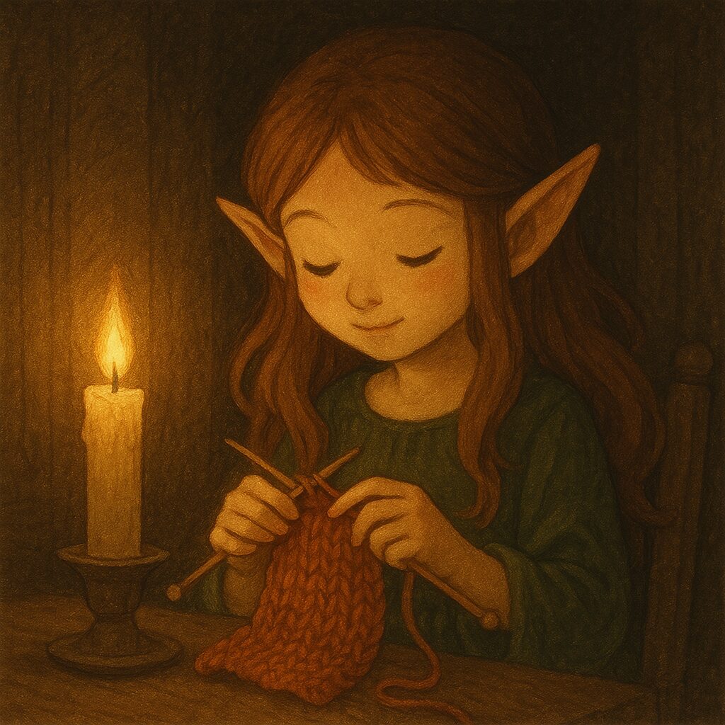 ろうそくの柔らかな灯りの下で、編み物をしながら穏やかに微笑むエルフの少女の温かな姿 A cute elf girl knitting peacefully by the soft glow of candlelight