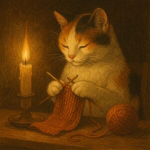 ろうそくの灯りに照らされながら器用に編み物をする三毛猫の温かな情景
A calico cat knitting skillfully by candlelight in a warm and cozy scene