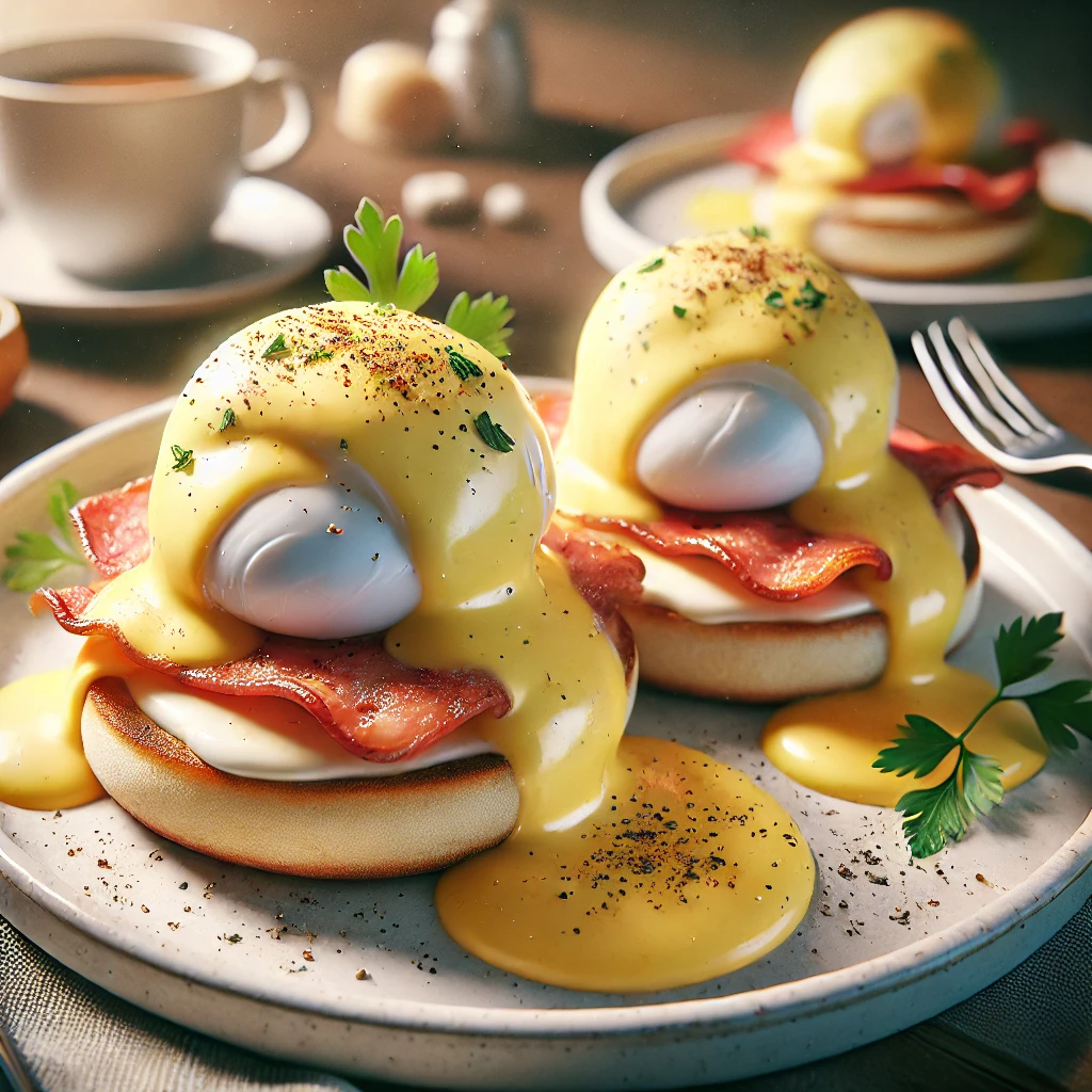 ハムとポーチドエッグにたっぷりのオランデーズソースをかけたエッグベネディクトの朝食プレート Breakfast plate of Eggs Benedict with ham and poached eggs generously topped with hollandaise sauce