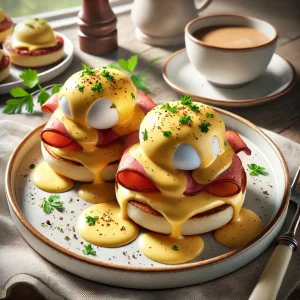 クリーミーなソースがとろけるエッグベネディクトとコーヒーが並ぶ贅沢な朝のひととき
Luxurious morning scene with creamy Eggs Benedict and a cup of coffee on a cozy breakfast table