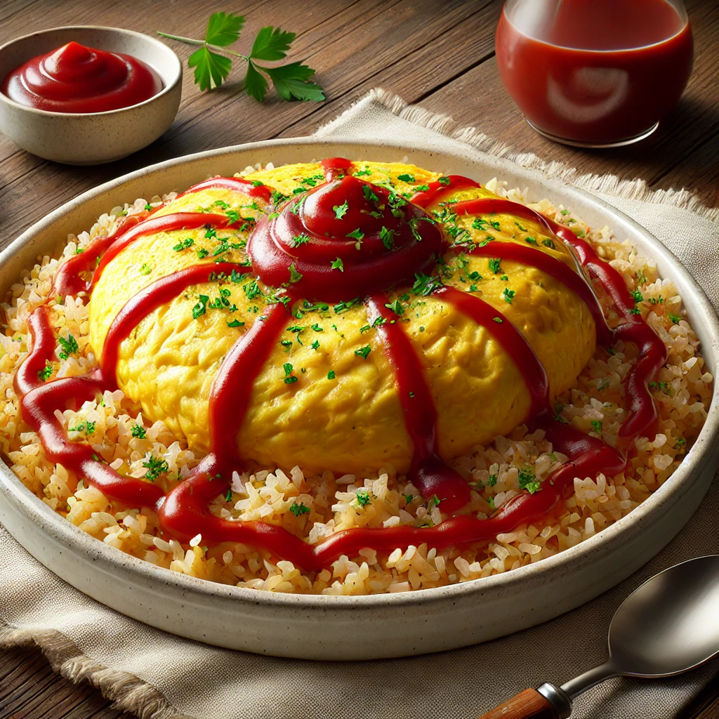 ふわとろオムレツにケチャップがかかったクラシックなオムライス Classic omurice topped with fluffy omelette and ketchup drizzle