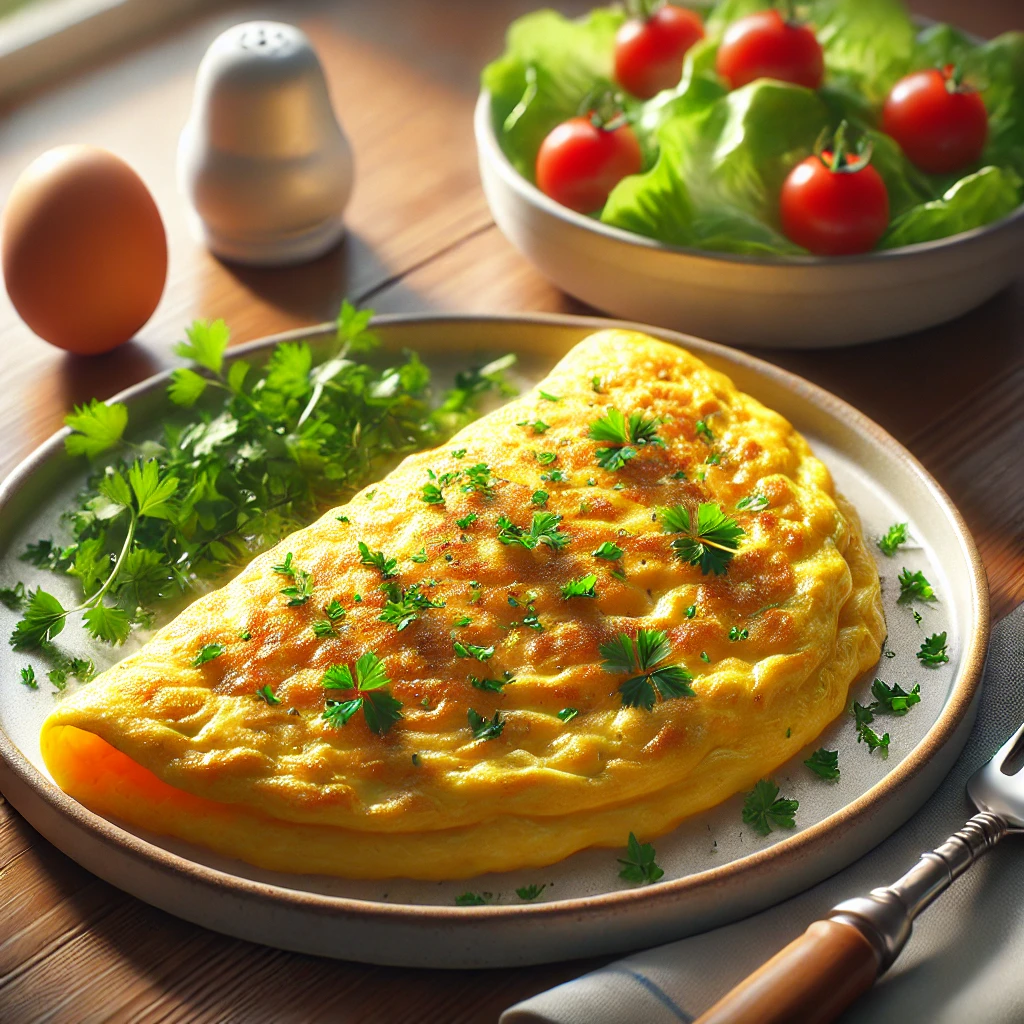 ふんわり焼き上げたオムレツに刻みパセリを散らし、トマトとリーフ野菜を添えた朝食プレート Fluffy omelette topped with chopped parsley, served with tomatoes and leafy greens for breakfast