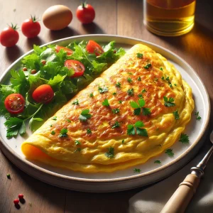 焼き色のついたオムレツと色鮮やかな野菜が盛りつけられたバランスの良い一皿
Golden-browned omelette with vibrant vegetables arranged on a well-balanced breakfast plate