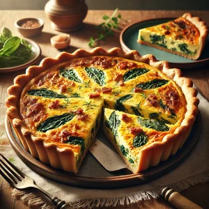 ほうれん草入りのキッシュが美しく焼き上がり、ひと切れが取り分けられた温かみある一皿
Golden-baked spinach quiche with one slice served on a warm and rustic plate