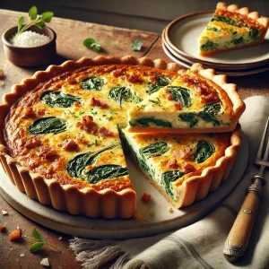 香ばしく焼けたキッシュの断面から具材がのぞく、ナイフとともに添えられた贅沢な朝食
Deliciously browned quiche with visible ingredients, served with a knife for a hearty breakfast