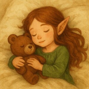 草の温もりに包まれながらクマのぬいぐるみを抱いて安らかに眠るかわいい女の子のエルフ、柔らかな茶系の色合いの温かい背景 : A cute elf girl peacefully napping with a teddy bear, surrounded by a warm brownish background with soft tones