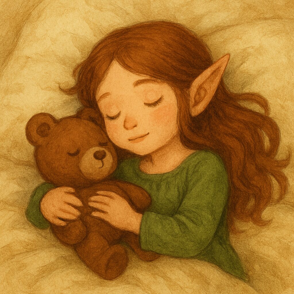 草の温もりに包まれながらクマのぬいぐるみを抱いて安らかに眠るかわいい女の子のエルフ、柔らかな茶系の色合いの温かい背景 : A cute elf girl peacefully napping with a teddy bear, surrounded by a warm brownish background with soft tones