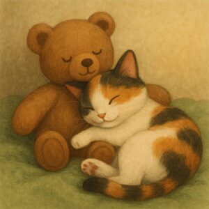 クマのぬいぐるみに寄り添って安心した表情で眠る三毛猫、温かみのあるベージュと緑の背景に包まれたやさしい雰囲気
A calico cat peacefully sleeping while snuggling with a teddy bear, surrounded by a warm beige and green background with a gentle and comforting atmosphere