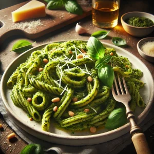バジルと松の実、チーズがトッピングされた香り豊かなジェノヴェーゼパスタの美しい盛り付け
Beautifully plated Genovese pasta topped with basil, pine nuts, and grated cheese