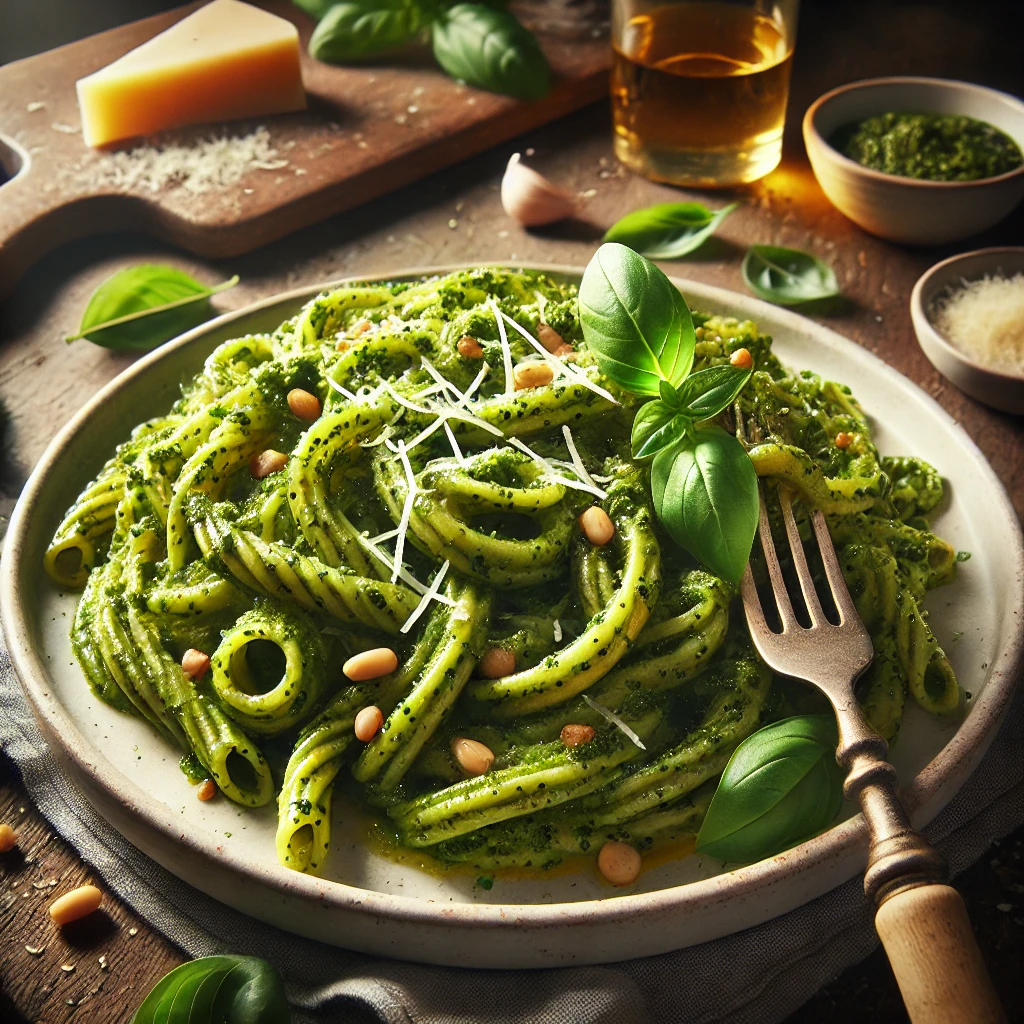 バジルと松の実、チーズがトッピングされた香り豊かなジェノヴェーゼパスタの美しい盛り付け Beautifully plated Genovese pasta topped with basil, pine nuts, and grated cheese