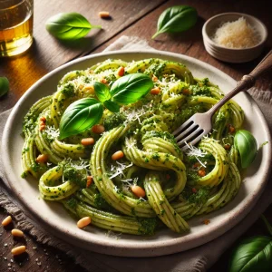 ジェノヴェーゼソースが絡んだパスタに、バジルの葉や松の実、チーズを添えた鮮やかな一皿
Vibrant Genovese pasta dish garnished with basil leaves, pine nuts, and grated cheese