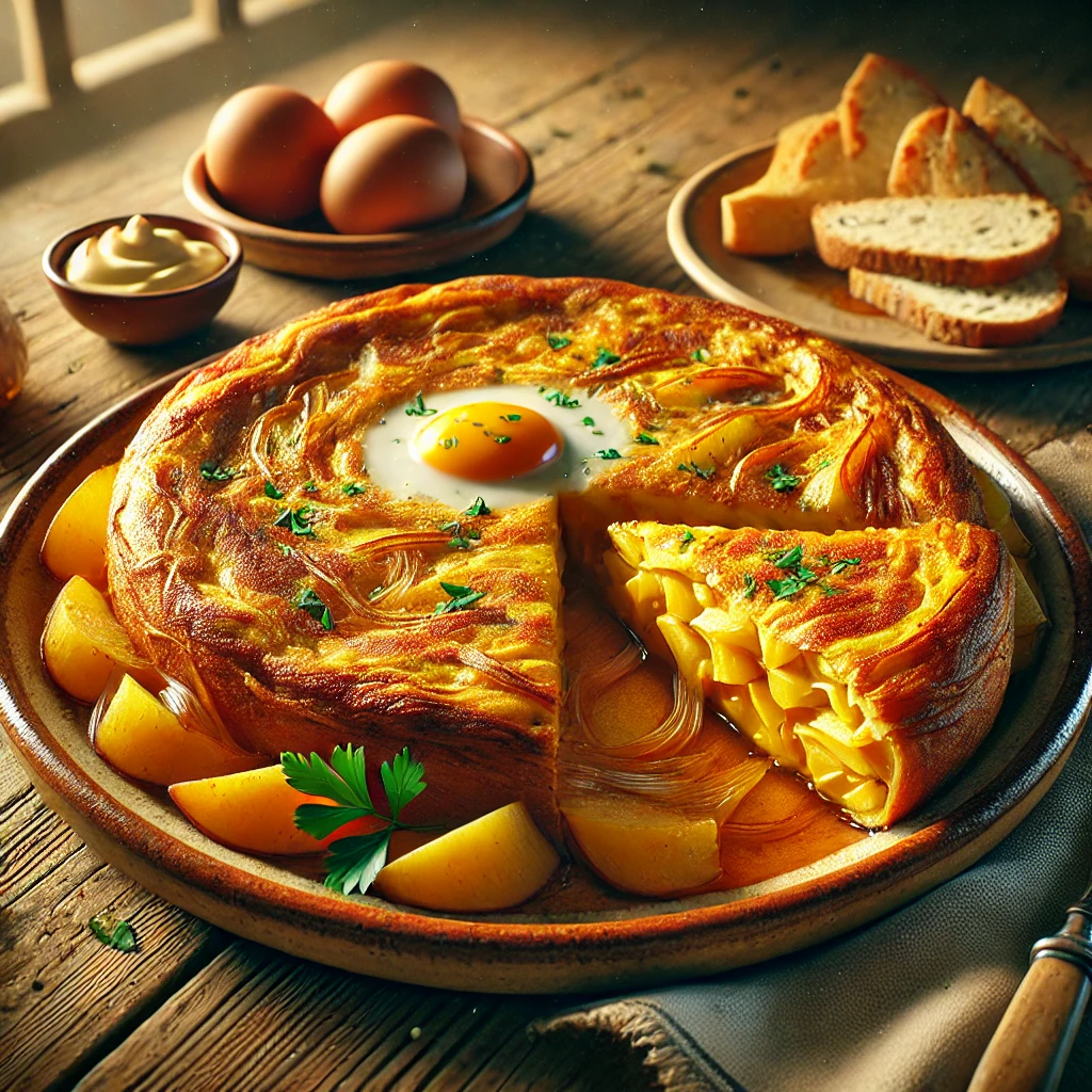 中央に半熟卵をのせた厚焼きスパニッシュオムレツとじゃがいもの断面 Thick Spanish omelette with a soft-boiled egg on top and sliced potatoes inside