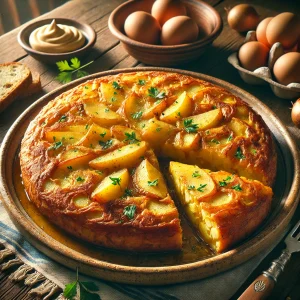 焼き色が香ばしいじゃがいも入りスパニッシュオムレツのカットシーン
Golden-browned Spanish omelette with sliced potatoes, partially cut and served