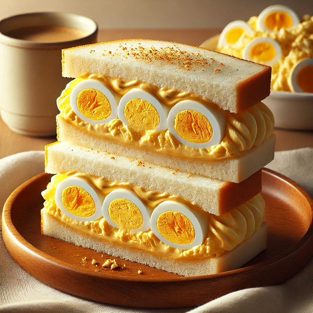 輪切りのゆで卵とたっぷりの卵フィリングを挟んだボリューム満点のタマゴサンド Thick egg sandwich filled with sliced boiled eggs and rich egg paste