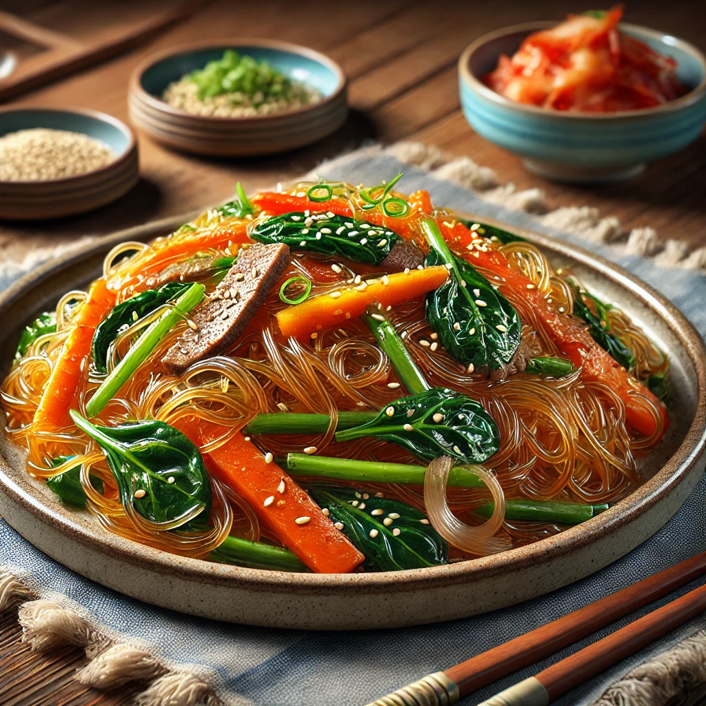 春雨と牛肉、にんじん、ほうれん草などの野菜が彩りよく炒められた韓国料理チャプチェ Colorful Korean japchae with stir-fried glass noodles, beef, carrots, spinach, and vegetables