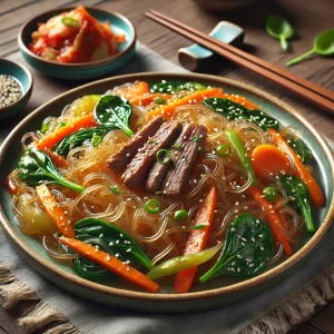 甘辛いタレで味付けされた牛肉と野菜がたっぷり入った、韓国の定番料理チャプチェ
Korean classic japchae with sweet-savory beef, glass noodles, and a variety of vibrant vegetables