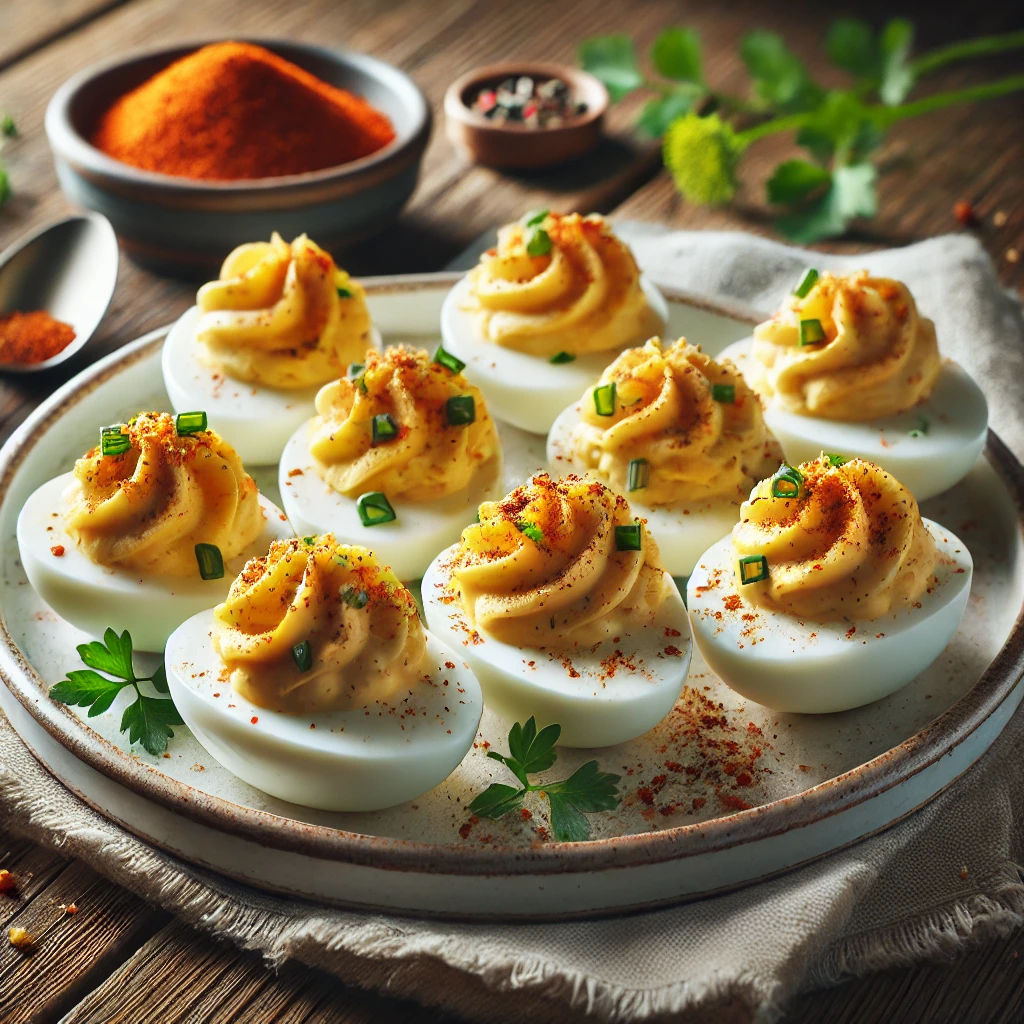 スパイスと刻みネギをトッピングしたデビルドエッグが白いプレートに美しく整列 Deviled eggs topped with spices and chopped green onions neatly arranged on a white plate