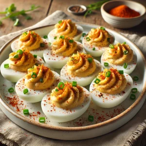 パプリカパウダーとネギが彩りを添えるクリーミーなデビルドエッグの盛り合わせ
Creamy deviled eggs garnished with paprika and green onions served in a colorful arrangement