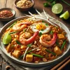 エビ、豆腐、もやし、ライム、目玉焼きをトッピングした華やかなタイ風パッタイ Vibrant Thai pad thai topped with shrimp, tofu, bean sprouts, lime, and a fried egg