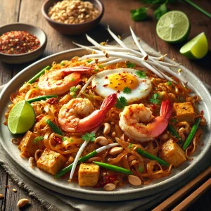 エビ、豆腐、もやし、ライム、目玉焼きをトッピングした華やかなタイ風パッタイ
Vibrant Thai pad thai topped with shrimp, tofu, bean sprouts, lime, and a fried egg