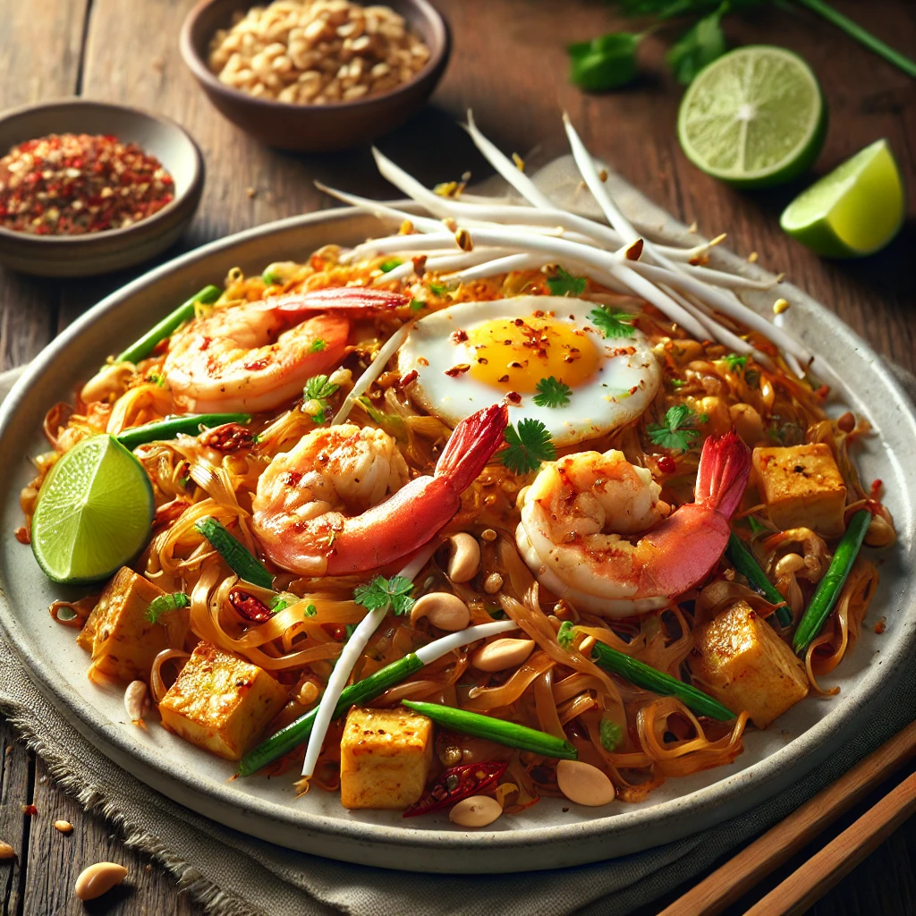 エビ、豆腐、もやし、ライム、目玉焼きをトッピングした華やかなタイ風パッタイ Vibrant Thai pad thai topped with shrimp, tofu, bean sprouts, lime, and a fried egg