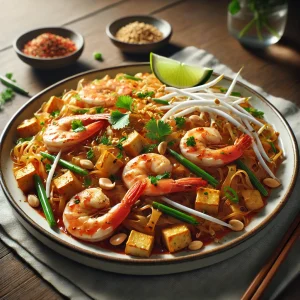 エビや豆腐、もやし、ピーナッツをのせた本格的なタイのパッタイが食欲をそそる一皿
Authentic Thai pad thai with shrimp, tofu, bean sprouts, peanuts, and lime on a rustic plate