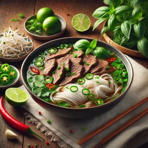 フォーに牛肉、パクチー、ライム、唐辛子をトッピングした本格的なベトナム風ヌードルスープ
Authentic Vietnamese pho topped with beef, cilantro, lime, and chili peppers in a rich broth