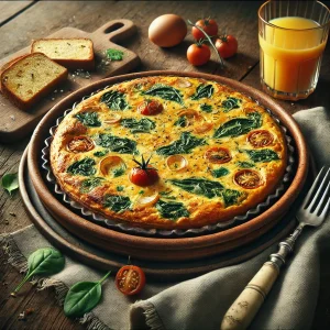 具材たっぷりのフリッタータがカッティングボードに乗せられ、パンとジュースが添えられた一皿
Hearty frittata on a wooden board served with bread and juice for a wholesome breakfast plate