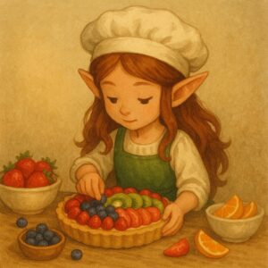 温かみのある柔らかな光に包まれたキッチンで、落ち着いたベージュ色の背景の中、フルーツタルトを丁寧に飾りつけるかわいい女の子のエルフ A cute elf girl carefully decorating a fruit tart in a warm and cozy kitchen, surrounded by soft beige tones and gentle lighting