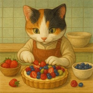 フルーツタルトを作る三毛猫、木製のテーブルに色とりどりの果物を並べて真剣に盛り付けをしている。背景は落ち着いた淡いグリーンのタイル壁で、温かみのある優しい色合い。
A calico cat making a fruit tart, carefully arranging colorful fruits on a wooden table. The background features a soft green tiled wall with a warm and gentle color tone.