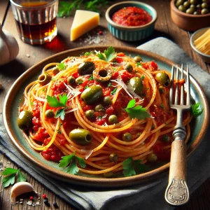 トマトベースのソースにオリーブとパセリを添えた、地中海風のプッタネスカパスタ
Mediterranean-style puttanesca pasta topped with olives, parsley, and savory tomato sauce