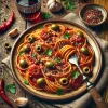 オリーブ、ケッパー、トマトソースが絡んだスパゲッティ・プッタネスカの香り豊かな盛り付け Aromatic spaghetti puttanesca with olives, capers, and rich tomato sauce beautifully served