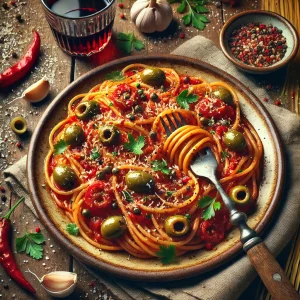 オリーブ、ケッパー、トマトソースが絡んだスパゲッティ・プッタネスカの香り豊かな盛り付け
Aromatic spaghetti puttanesca with olives, capers, and rich tomato sauce beautifully served