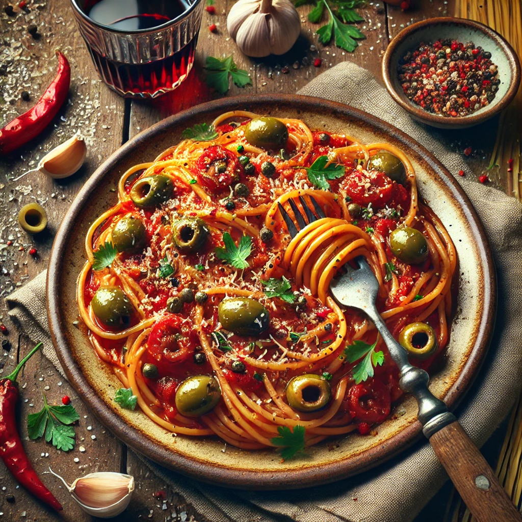 オリーブ、ケッパー、トマトソースが絡んだスパゲッティ・プッタネスカの香り豊かな盛り付け Aromatic spaghetti puttanesca with olives, capers, and rich tomato sauce beautifully served