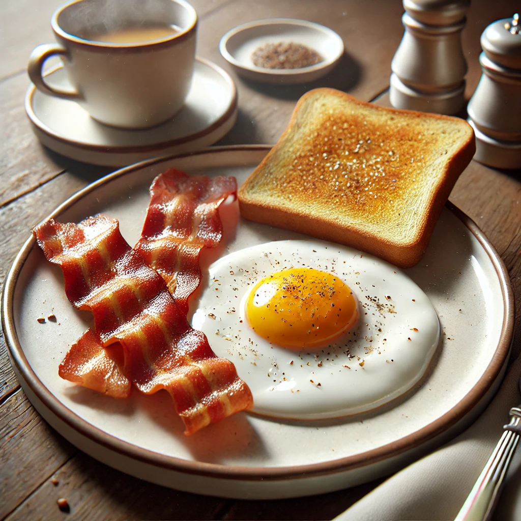 トーストとカリカリベーコン、半熟目玉焼きを添えた朝食プレート Breakfast plate with crispy bacon, sunny-side-up egg, and toast