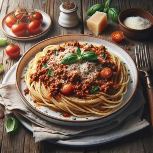 バジルとミニトマトが彩りを添える、たっぷりのミートソースをのせたボロネーゼパスタ
Bolognese pasta topped with rich meat sauce, garnished with fresh basil and cherry tomatoes