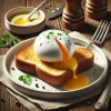 トーストの上に乗せられたポーチドエッグから黄身がとろけ出す贅沢な朝食 Rich breakfast with runny poached egg melting over toast on a stylish plate