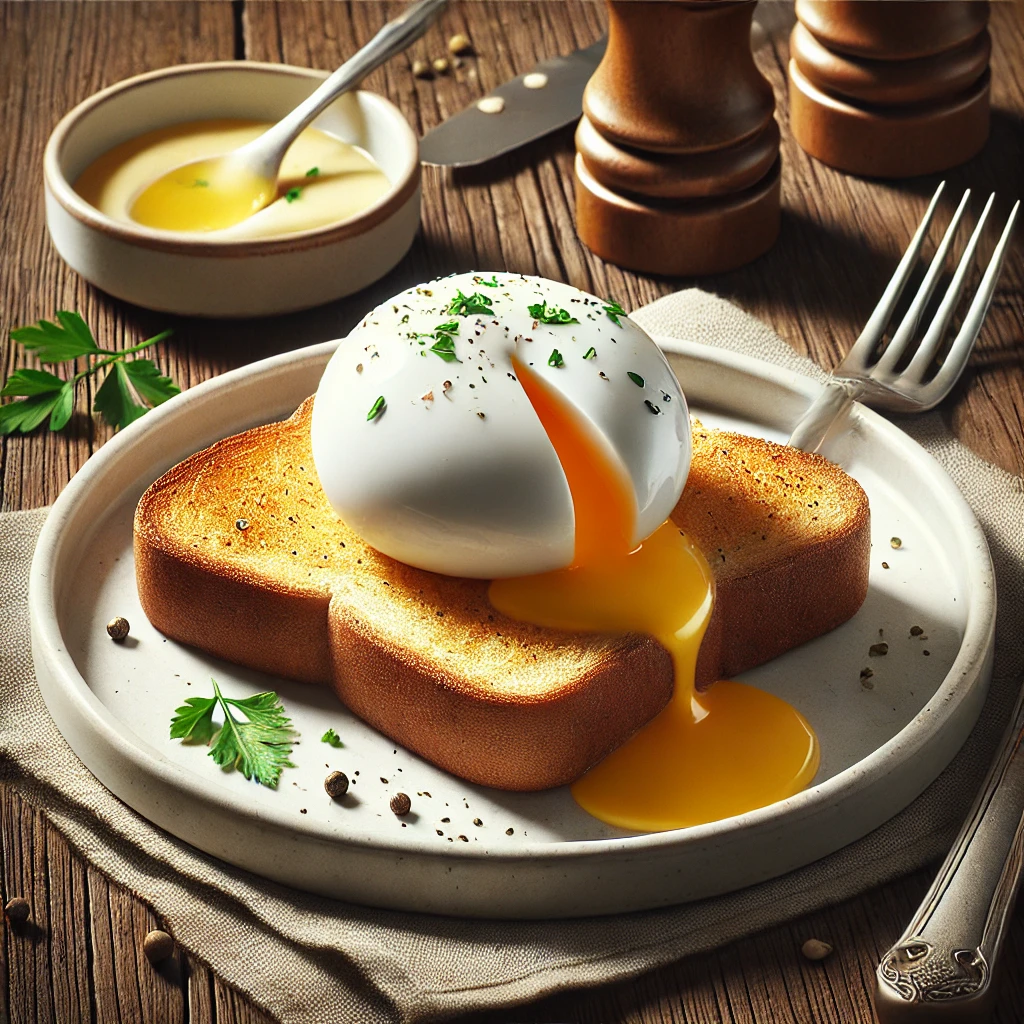 トーストの上に乗せられたポーチドエッグから黄身がとろけ出す贅沢な朝食 Rich breakfast with runny poached egg melting over toast on a stylish plate
