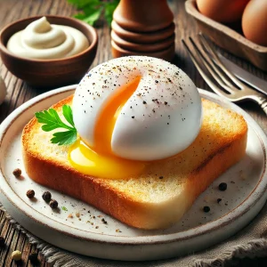 黒胡椒とパセリを添えたポーチドエッグがトーストとともに盛られた香り立つ一皿
Aromatic dish of poached egg on toast topped with black pepper and parsley